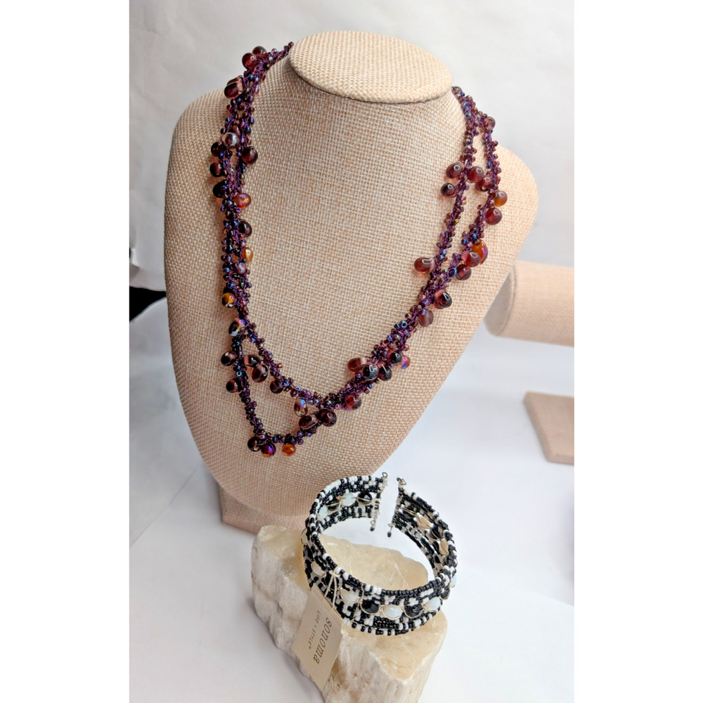 Bass Purple Beaded Necklace NWT Sonoma NWT Black & W Bracelet Non Matching Set